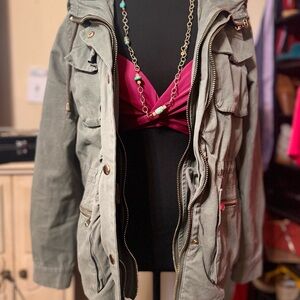 Muse Olive Utility Jacket gold zippers and versatile fit